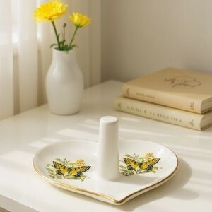 VTG Heart Shaped Butterfly Ring Holder, Porcelain, Japan, Trinket Dish 4" x 3.5"